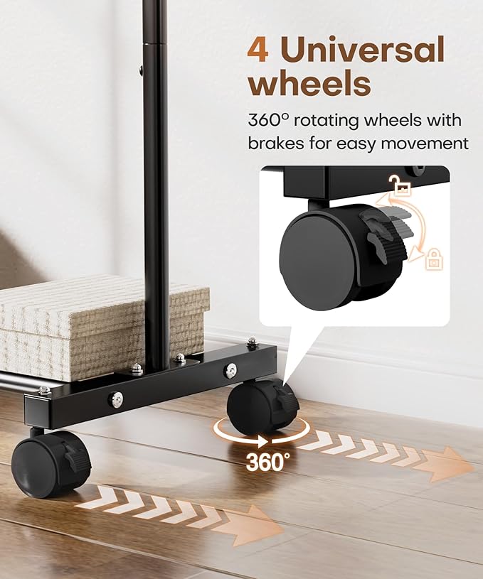 Homde Heavy Duty Clothes Rack: 120lb Standing Garment Storage for Indoor - Rolling Hanging Rod for Bedroom Laundry Room - Coat Dress Organizer on Wheels with luggage shelf (Black，32")