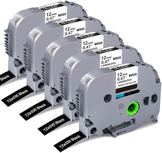 RAEMALL Replacement for Brother TZe-335 TZ-335 Laminated P Touch Label Tape 12mm 0.47 Inch White on Black Label Maker Tape for Brother PT-D210 H110 D220 D410, 5 Pack