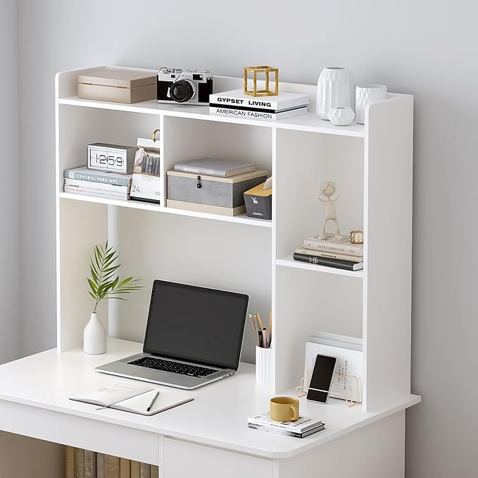 Wooden Desktop Hutch Bookshelf - Free Standing Desk Storage Shelf with Top Edge for Computer Desk, Desktop Bookcase for Dorm, Home or Office, Countertop Organizer, White, 45.3"