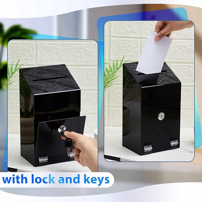 Juexica 1 Pc Acrylic Donation Box 10.2" x 5.6" x 4" Suggestion Box with Lock and Slot Wall Mount Safe Key Drop Ballot Fundraising for Home Office Vote (Black)