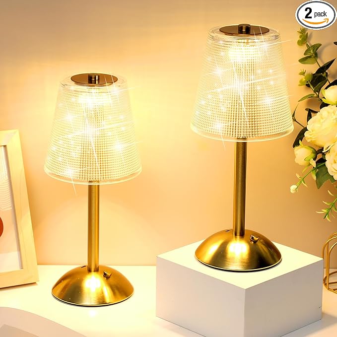 Liliful 2 Pcs LED Portable Cordless Table Lamp Touch Battery Operated Rechargeable Gold Desk Lamp 3 Color Dimmable for Bedroom Living Room Dining (Gold,Retro Style)
