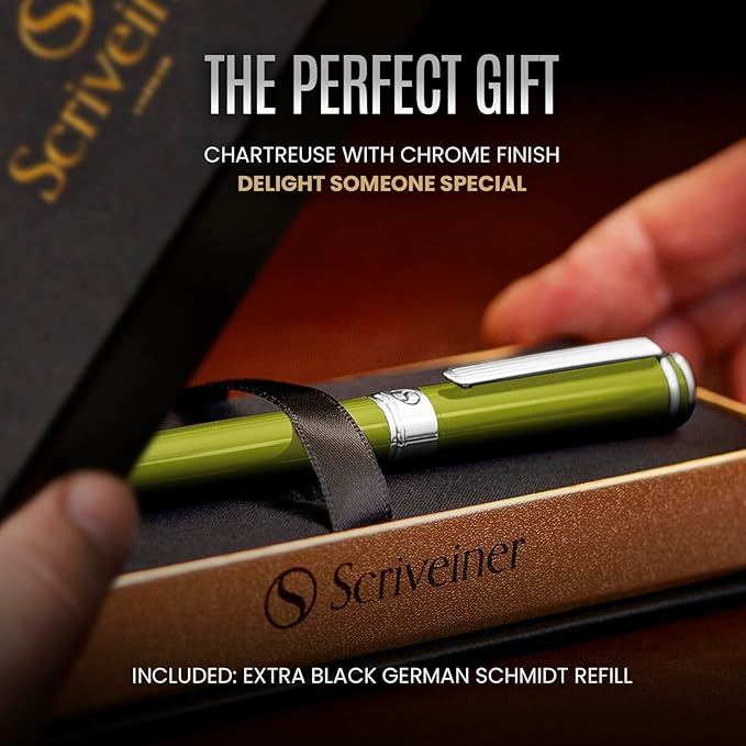 Scriveiner Chartreuse Rollerball Pen - Stunning Luxury Pen With Chrome Finish, Schmidt Ink Refill, Best Roller Ball Gift Set for Men & Women, Professional, Executive Office, Nice Pens