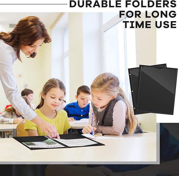 Henoyso 36 Pcs 2 Pocket Plastic Folders with Clear Front Pocket 3 Hole Punched File Folder Letter Size Take Home Documents Holder for Paper Holder Office Business Back to School Supply (Black)