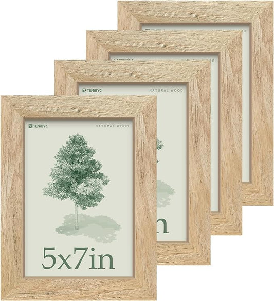 5x7 Picture Frame 4 Pack, Natural Solid Wood Photo Frame, HD Tempered Glass, Table Display or Wall Hanging