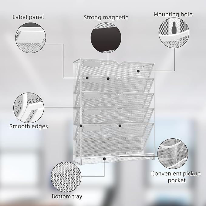 6 Tier Magnetic File Holder, No Drilling Installation File Cabinet Organizer,Black Magnetic File Holders, Magnetic Paper Holder for Refrigerator,File Cabinets, Whiteboard, White