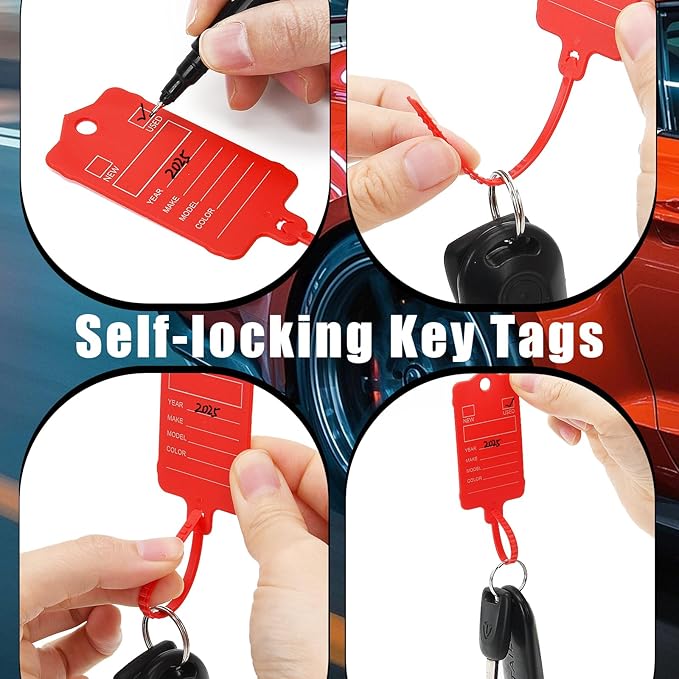 50 Car Key Tags with Labels Plastic Car Dealership Key Tags Self Locking Automotive Identifiers Blank Shop Labels with One Pen (Red)
