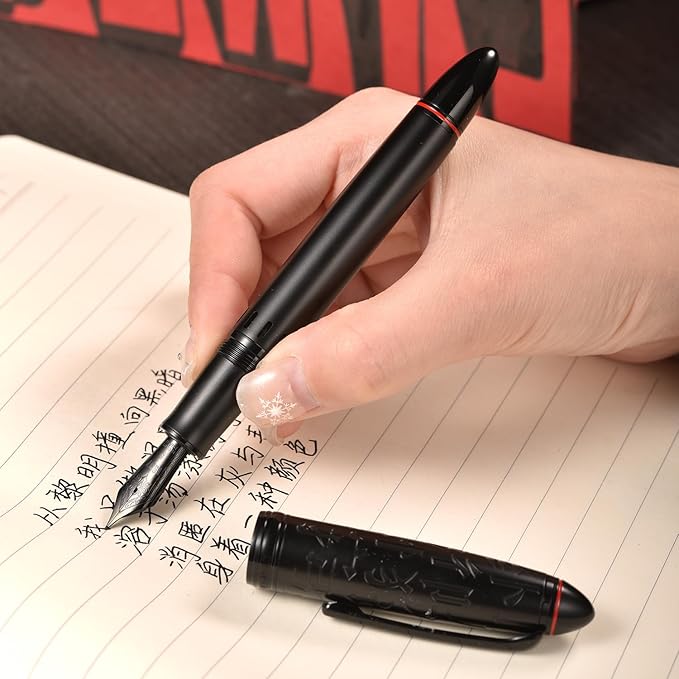 Hongdian N6 Black Metal Resin Piston Fountain Pen Black Long Blade Nib Classic Pen, Includes Metal Box Writing Pen