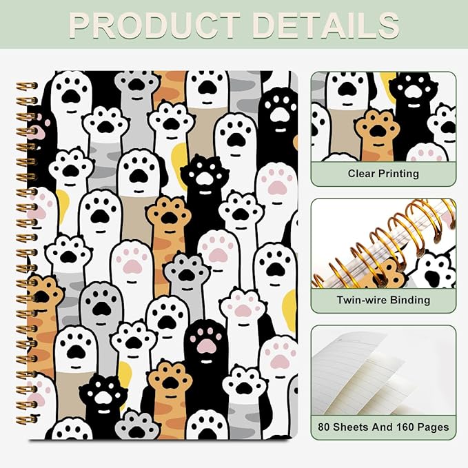 2 Pcs Cute Cats Claw Spiral Notebook, Cat Paws Journaling Notebooks Gatos Accessories Cat Themed Gifts for Women Teacher Note Books Journals for Writing Hardcover Notebook Office College Supplies
