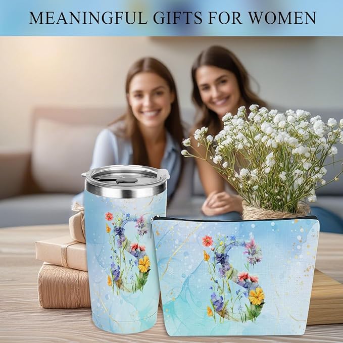 Personalized Gifts for Women Monogrammed Birthday Gifts for Women, Wife Girlfriend Christmas, Initial 20 oz Tumbler, Makeup Cosmetic Bag Cup Pens Journal Notebook 6 Set, (Aesthetic Blue Flower S)