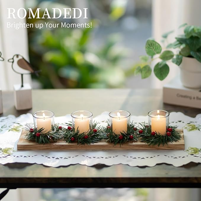 Christmas Candle Holder for Table Centrepiece Decoration: Romadedi Rustic 4 Tealight Holders with Mini Christmas Wreaths Wooden Tray for Xmas Winter Dinner Table Home Decor Gift 16.5 Inches