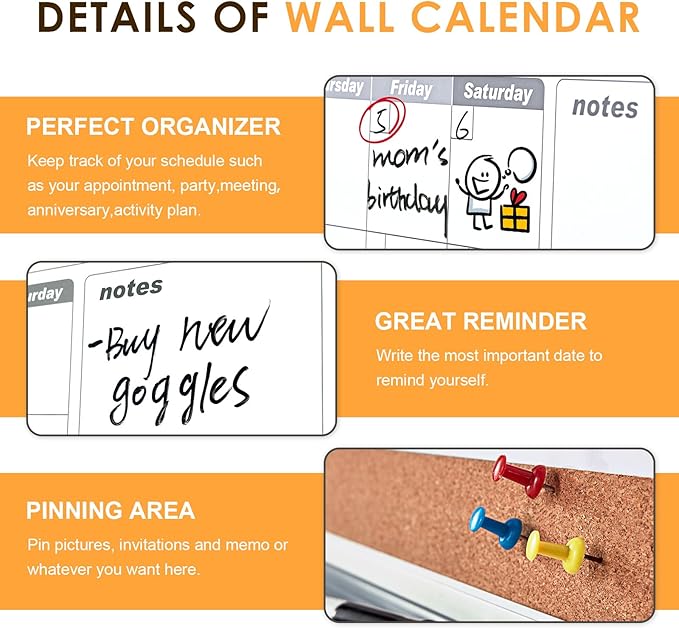 MAKELLO Dry Erase Calendar for Wall 24x18 in, Whiteboard Calendard with Cork Board for Office, Home, School, Family, Kitchen and Bedroom