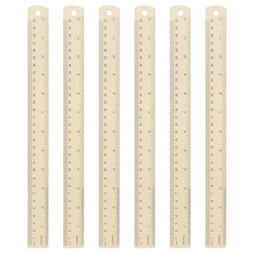 HARFINGTON 6pcs Metal Straight Ruler 30cm Metric SAE Aluminum Alloy Measuring Rulers Scale Tool with Hole for Measure Study Reading Classroom Office, Beige
