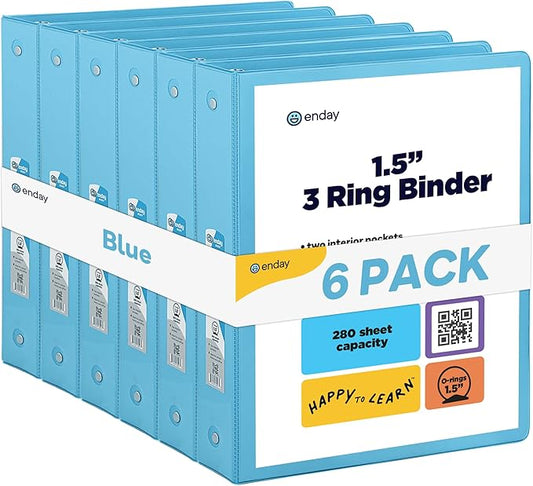 3 Ring Binder Blue, 1.5 Inch Clear View Cover with 2 Inside Pockets Binder, Colored School Supplies 1 ½ Inch Round Ring Binders, Also Available in Red, Pink, Purple, Green, and Grey (6 PC) – by Enday