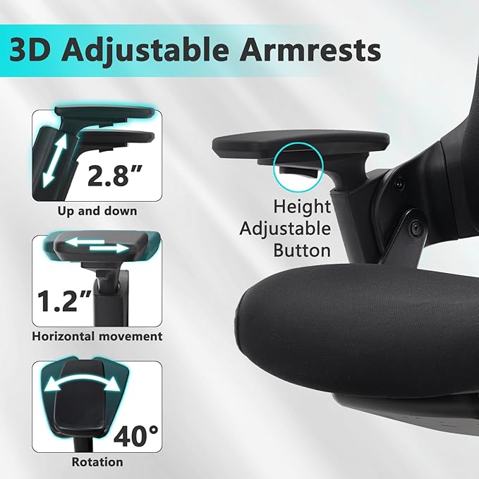 CLATINA Ergonomic High Swivel Executive Chair with Adjustable Height Head 3D Arm Rest Lumbar Support and Upholstered Back for Home Office Studio, Black Fabric, 2 Pack