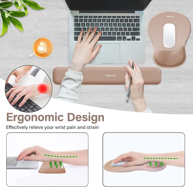 MOSISO Wrist Rest Support for Mouse Pad&Keyboard Set, Ergonomic Mousepad with Concave Curved Memory Foam, Non-Slip Base Pain Relief Comfortable Rectangular Easy Typing Pad for Home/Office, Brown