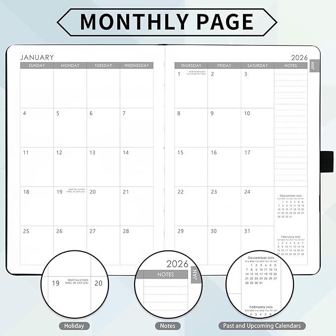 2026 Planner - Planner 2026, 2026 Weekly Monthly Planner, Jan.2026 - Dec.2026, 5.7'' x 8.4'', Thick Paper, Leather Cover, Pen Holder, Back Pocket, Bookmarks, Perfect Daily Organizer - Black