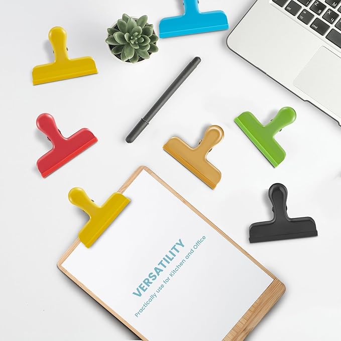 HOUSE AGAIN 8 Pack Stainless Steel Chip Bag Clips Covered with Silicone - NO More Sharp Edges - Color Coded for Food Bags - Air Tight Seal, Heavy Duty, 3 Inches Wide, Red, Yellow, Blue, Green