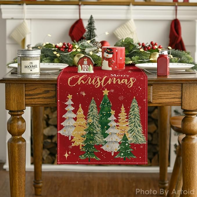 Artoid Mode Xmas Trees Merry Christmas Table Runner, Seasonal Winter Red Kitchen Dining Table Decoration for Home Party Decor 13x108 Inch