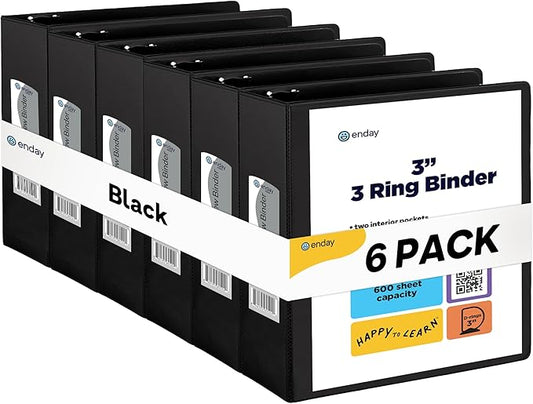 3 Inch Binder 3 Ring Binders Black, Slant D-Ring 3” Clear View Cover with 2 Inside Pockets, Heavy Duty Colored School Supplies Office and Home Binders, 6 Pack – by Enday