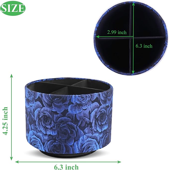 QIELIZI Round Leather Art Supply Organizer,Remote Control Holder,360 Degree Rotating,Multi-Functional Pencil Holder,4 Compartments Desktop Stationary Organizer(1-3D Rose Blue)
