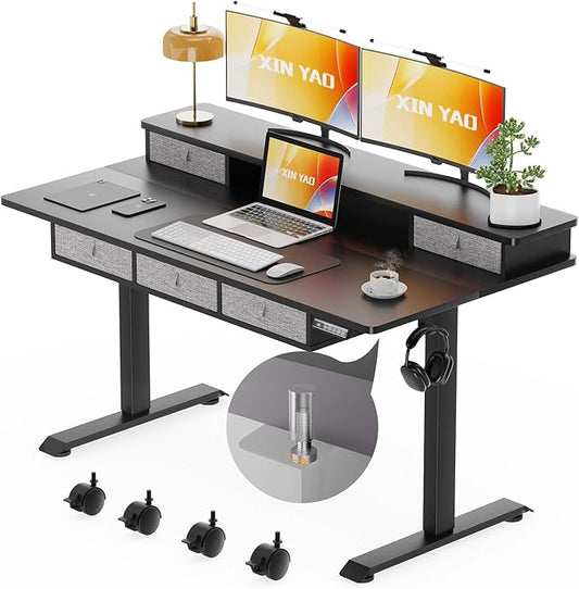 XINYAO Electric Standing Desk with 5 Drawers, 55x30 Inch Extra Wide Height Adjustable Sit Stand Up Desk with Storage Support 290lbs Ergonomic Rising Table with Wheels for Home Office