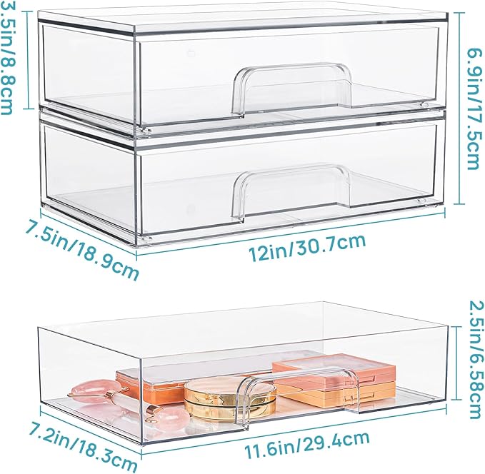 Vtopmart 12.1''W Clear Stackable Storage Drawers,8 Pack Acrylic Plastic Organizers Bins for Makeup Palettes, Cosmetics and Beauty Supplies,Ideal for Vanity, Bathroom,Cabinet,Desk Organization