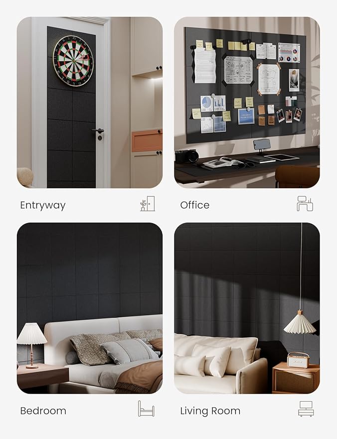 Bumusty Large Cork Board 47"x35" Alternative - 12 Pack Felt Wall Tiles with 70 Safe Removable Adhesive Tabs, 30 Pushpins, Cork Boards for Walls Pin Board Bulletin Board Office Decor (Black)