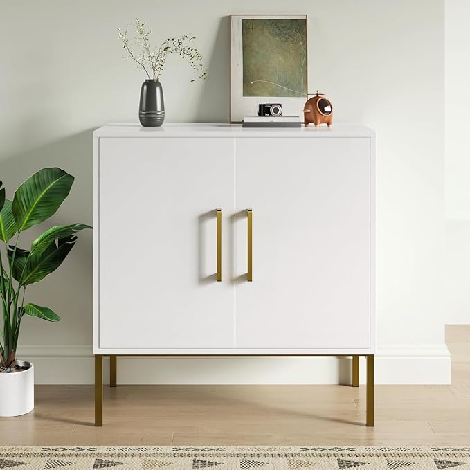 LYNSOM Storage Cabinet with Doors, Free Standing Living Room Cabinet, Modern Wood Buffet Sideboard for Kitchen, Bedroom, Hallway, Entryway, Office, White