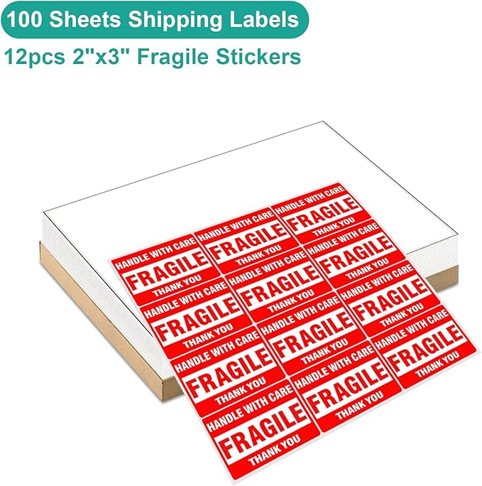 MFLABEL 100-Pack Full Sheet Labels (8.5" x 11") Matte White - Laser/Inkjet Printer Shipping Labels w/Strong Permanent Adhesive + 12 Free Fragile Stickers