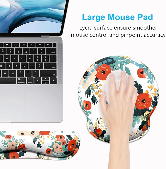 Dapesuom Keyboard Wrist Rest and Mouse Pad with Wrist Support, Cute Memory Foam Cushion for Keyboard and Mouse Set, Ergonomic Pad Rests with Non Slip Base for Easy Typing & Pain Relief, Pink Flowers
