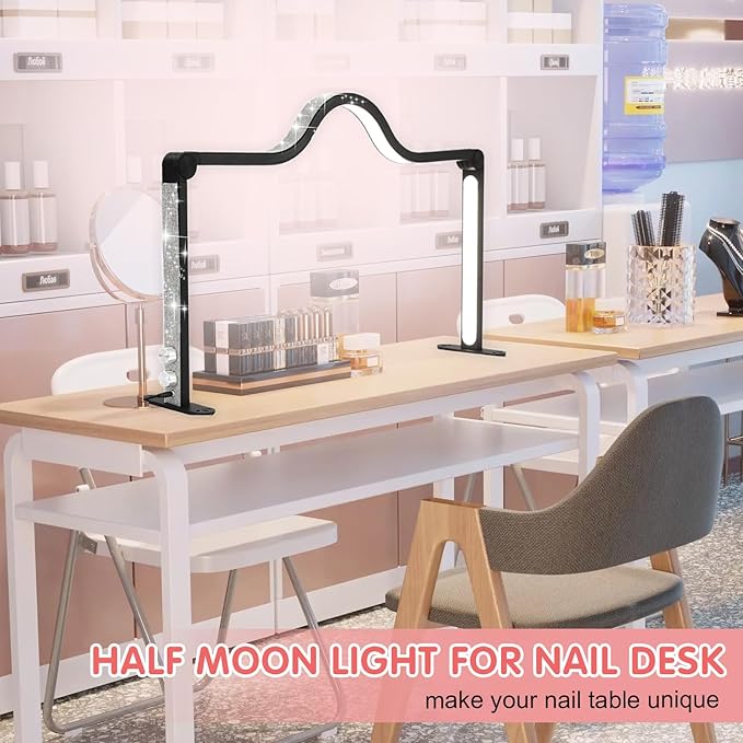 Half Moon Nail Desk Light, 35inch Foldable LED Nail Tech Lamp for Desk, 3 Color Adjustable 3000K-6000K Dimmable Manicure Table Lamp, 45W Large Nail Light with Phone Holder for Beauty, Lash (Pink)