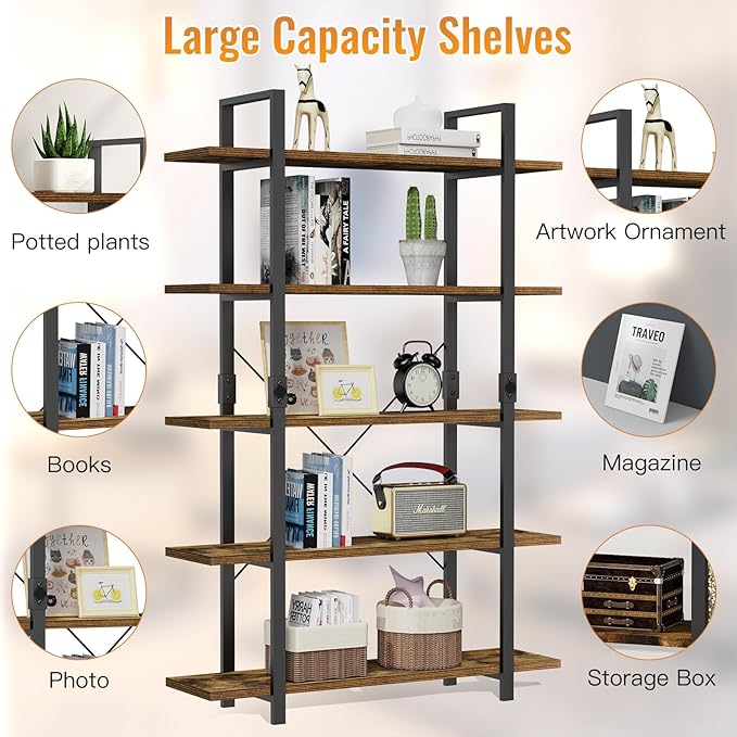 FRAPOW 5 Tier Bookshelf, 70 inch Tall Solid Bookcase Industrial Wooden Bookshelves Large Wall Etagere Rustic Vintage Book Shelf with Metal Frame Open Storage Rack for Living Room Home Office
