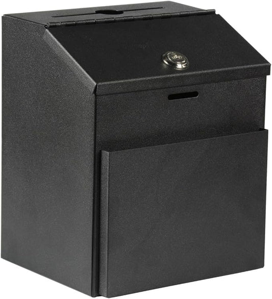 Suggestion Box with lock and keys Lock Metal Wall Mounted Ballot Box, Steel Donation and Collection Drop Box with wide Slot, 8.5H x 6W x 7.3L Inch office comment box with front wide pocket