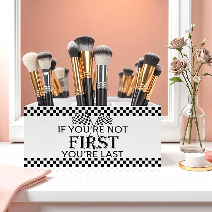 Racing Checkered Inspirational Pencil Pen Holder for Desk, If You're Not First You're Last Wooden Pencil Holder Organizer for Home Office Desk Accessories, Motivational Gifts for Men