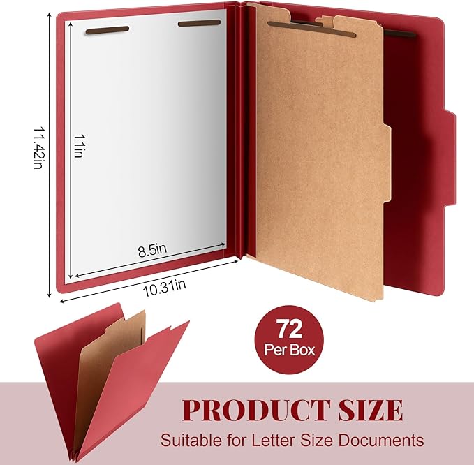 Skyygemm 72 Pcs Classification Folders Letter Size, 1 Divider Pressboard File Folder with Fasteners, Expanding File Organizer Bulk for Teachers, Clergy, Office, Church, Christmas Donations (Red)