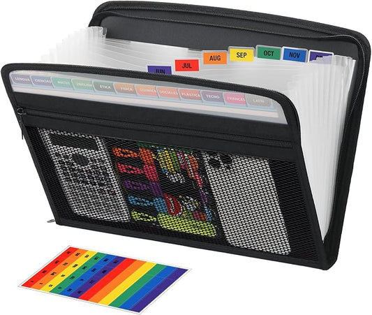 H4D Zippered Accordion File Organizer with Front Mesh Pouch, 13 Pocket Expanding File Folder, Fit for Documents Letter Size A4 Papers, Clear