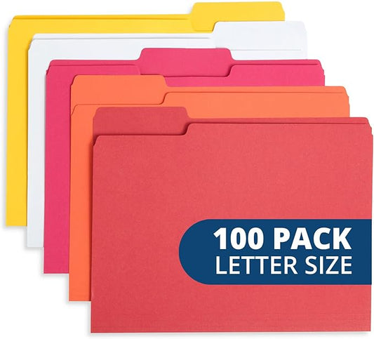 Blue Summit Supplies 100 Warm Tones File Folders, 1/3 Cut Tab, Letter Size, Assorted Colors, Great for Organizing and Easy File Storage