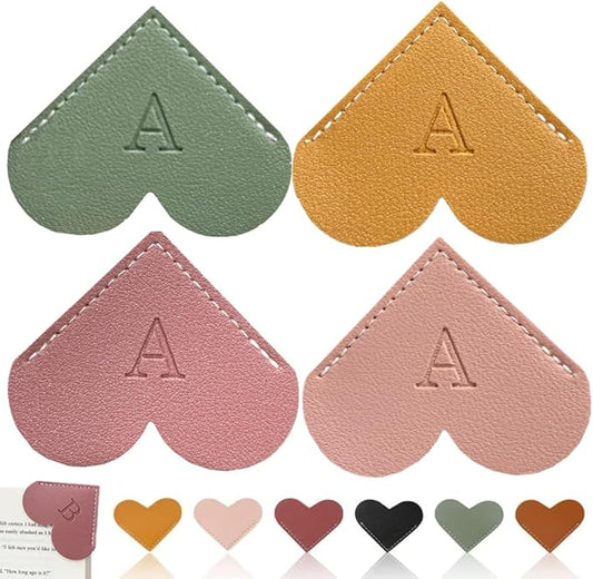 4Pcs Personalized Leather Heart Bookmark26 Letters Customized Corner Book Mark for Reading, Book Holder Markers with Initials Page Accessories Cute Gifts (Light Pink+Deep Pink+Green+Light Brown, A)
