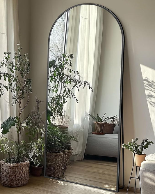 Full-Length Floor Mirror with Stand, 58"x19" Arched Style Full Body Standing Mirror for Bedroom, Living Room, Gym, Dorm - Shatter-Resistant & Easy Assembly, Black