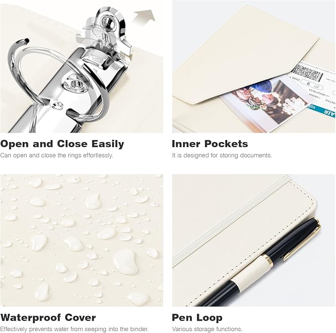 Ospelelf 3 Ring Binder 1 Inch Vintage Hardcover, Leather Organizer for Letter Size, Professional Clipboard With Dividers and Tabs, Beige