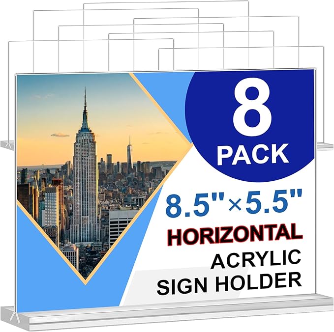 Acrylic Sign Holder 8.5 x 5.5 Horizontal, 8Pack Double-Sided Standup Table Top Clear Sign Holders, T Shape Plastic Acrylic Picture Frame Menu Flyer Paper Holder Display Stands for Office Store Wedding