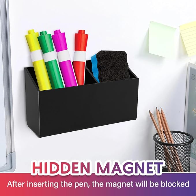 Magnetic Dry Erase Marker Holder for Whiteboard，Acrylic Magnetic Pen Holder for Fridge, 2 Compartments Whiteboard for Office, Home, Locker(Clear)-Black