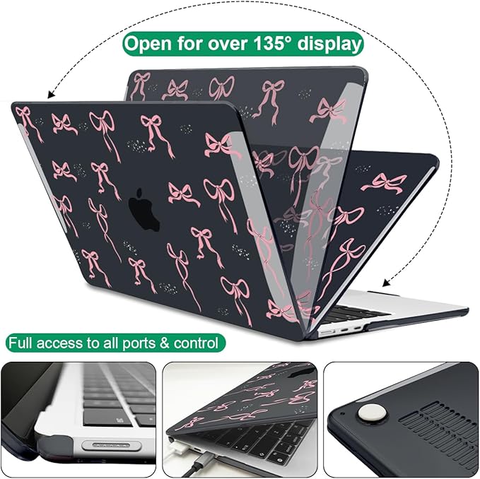 Case for MacBook Air 13.6 inch 2025 2024 2023 2022 M2 M3 M4 Chip Model A3240 A3113 A2681 with Touch ID, Pattern Plastic Hard Shell Cover for MacBook Air 13.6 M4 2025, Pink Bowknot Black