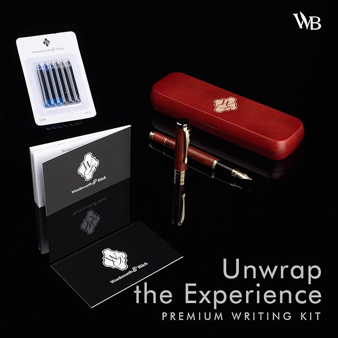 Wordsworth & Black Fountain Pen Set, Luxury Bamboo Wood - Medium Nib, Gift Case; Includes 6 Ink Cartridges, Ink Refill Converter -Journaling, Calligraphy; Drawing, Smooth Writing [Rosewood]