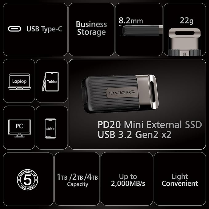 TEAMGROUP PD20 1TB Portable External Solid State Drive SSD Read up to 2000MB/s USB 3.2 Gen2x2 Type-C Waterproof Dustproof IP54 TPSEG5001T0C102