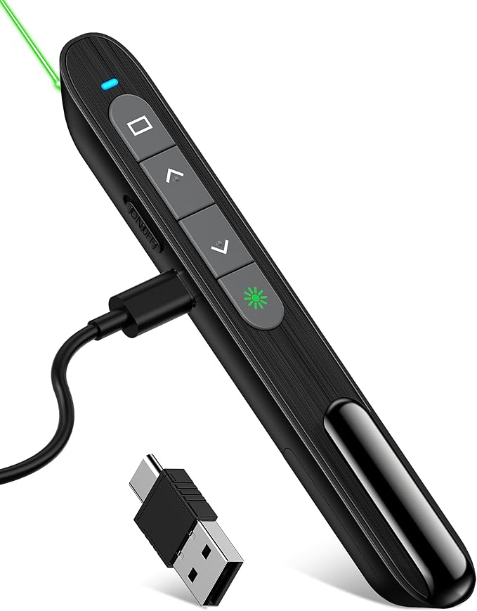USB C Rechargeable Presentation Clicker with Green Light, Remote Clicker for Presentations Wireless Presenter Slide Changer PPT Advancer with Volume Control for Laptop Computer