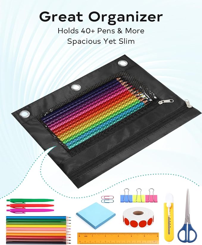 Pencil Pouch for 3 Ring Binder - Small Zipper Pen Case, Black Pencil Pouches for Boys Kids, School Supplies, 3 Hole Nylon Pencil Bag Accessories Clear Window Aesthetic Organizer