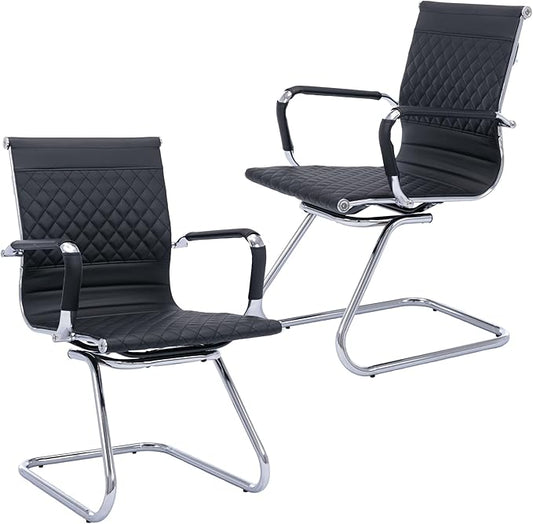 Office Guest Chairs - Reception, Waiting Room & Conference Room Set of 2 - Mid Back, Modern PU Leather Desk Chairs, Black