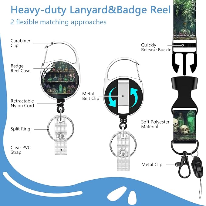 Skull Bookshelf Badge Holder Reel Lanyard,ID Card Badge Holder Retractable Name Tag Clips for Doctor Nurse Teacher Office Student