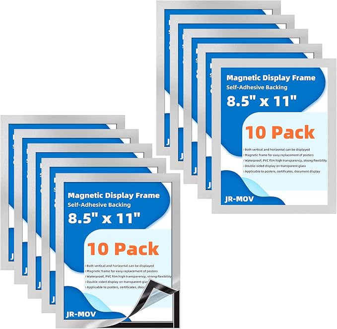 Magnetic Sign Holder 8.5 x 11-10 Pack Double Sided Magnetic Picture Frames for Wall Window Display Frame Paper Poster Document Holder Reusable Adhesive Frames for Refrigerator Glass Door